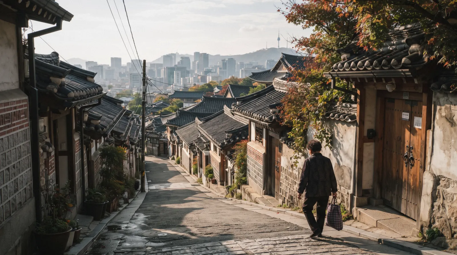 A sloping lane of tiled hanok roofs in Bukchon Hanok Village with the modern city beyond, Seoul, South Korea