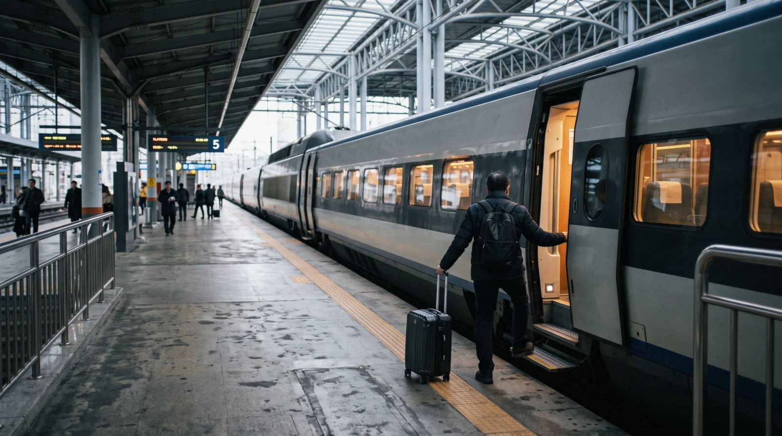 A high-speed train at a Seoul platform with a traveller boarding for Busan, South Korea