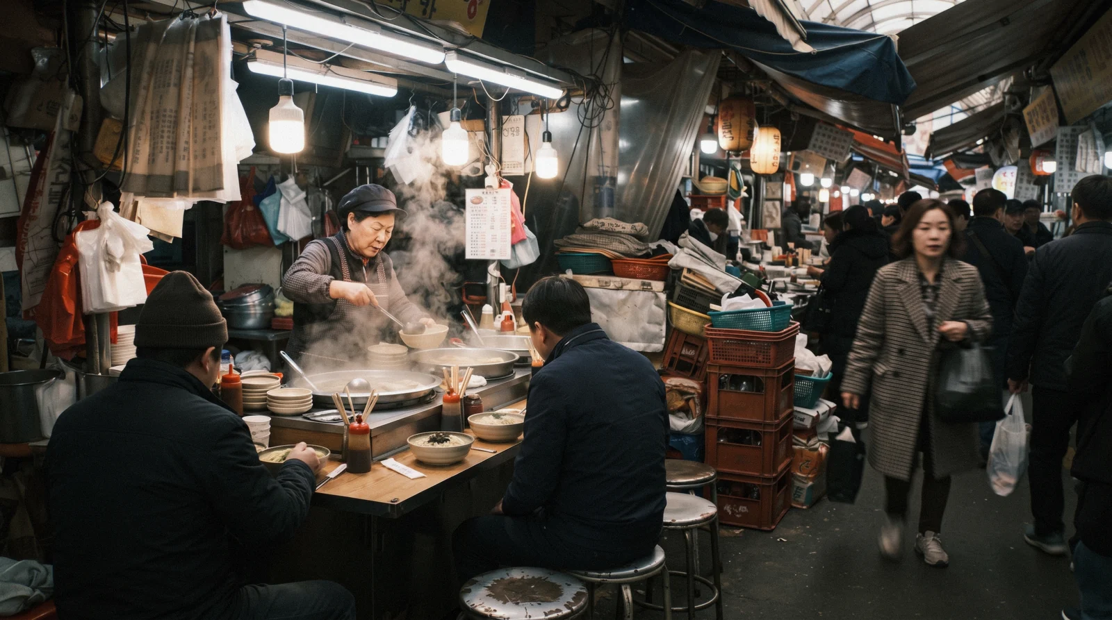 Stallholder and counter stools in a Seoul market food alley, Gwangjang, South Korea