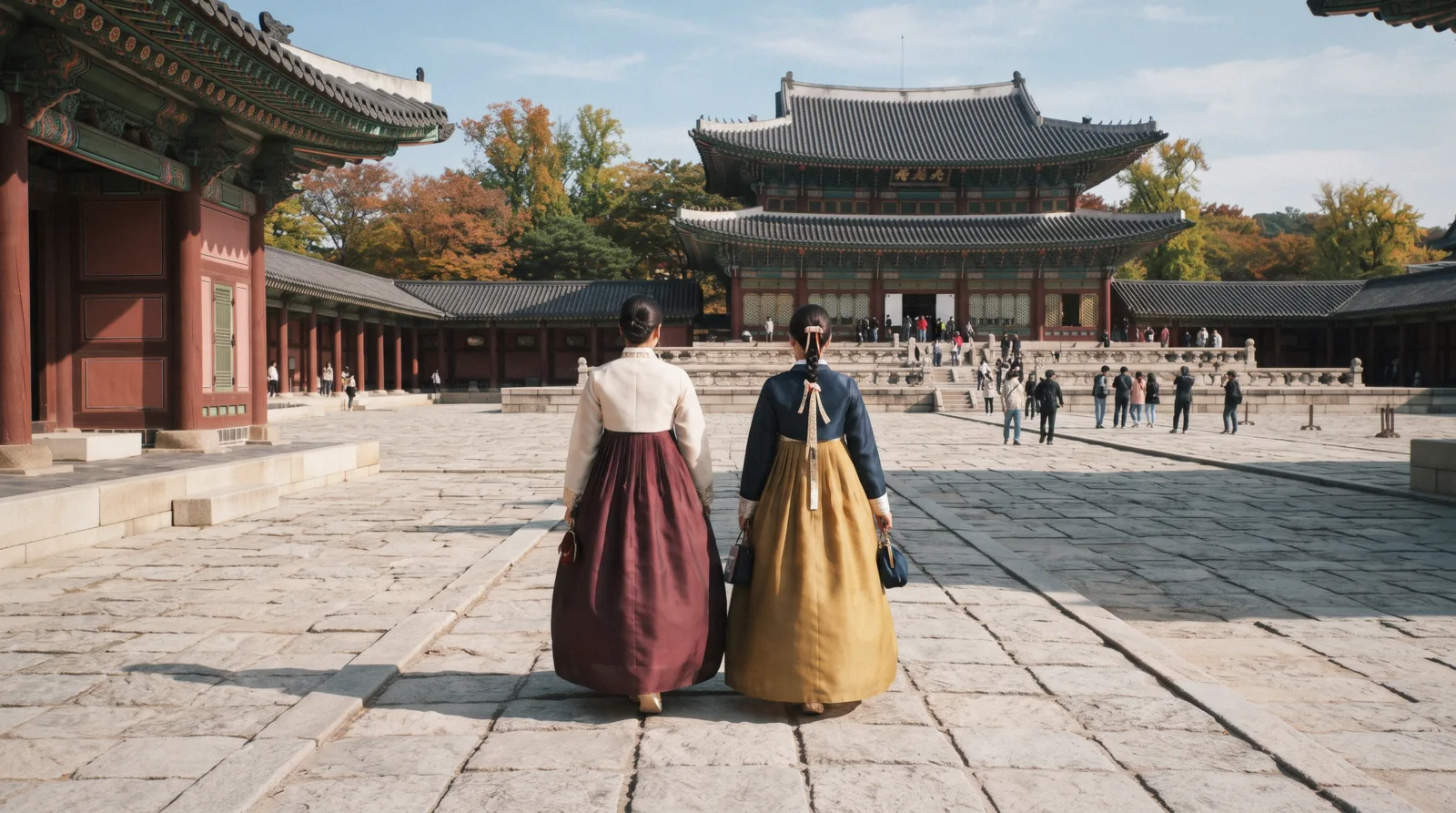 Visitors in rented hanbok walking through a palace courtyard on a bright autumn morning in Seoul, South Korea