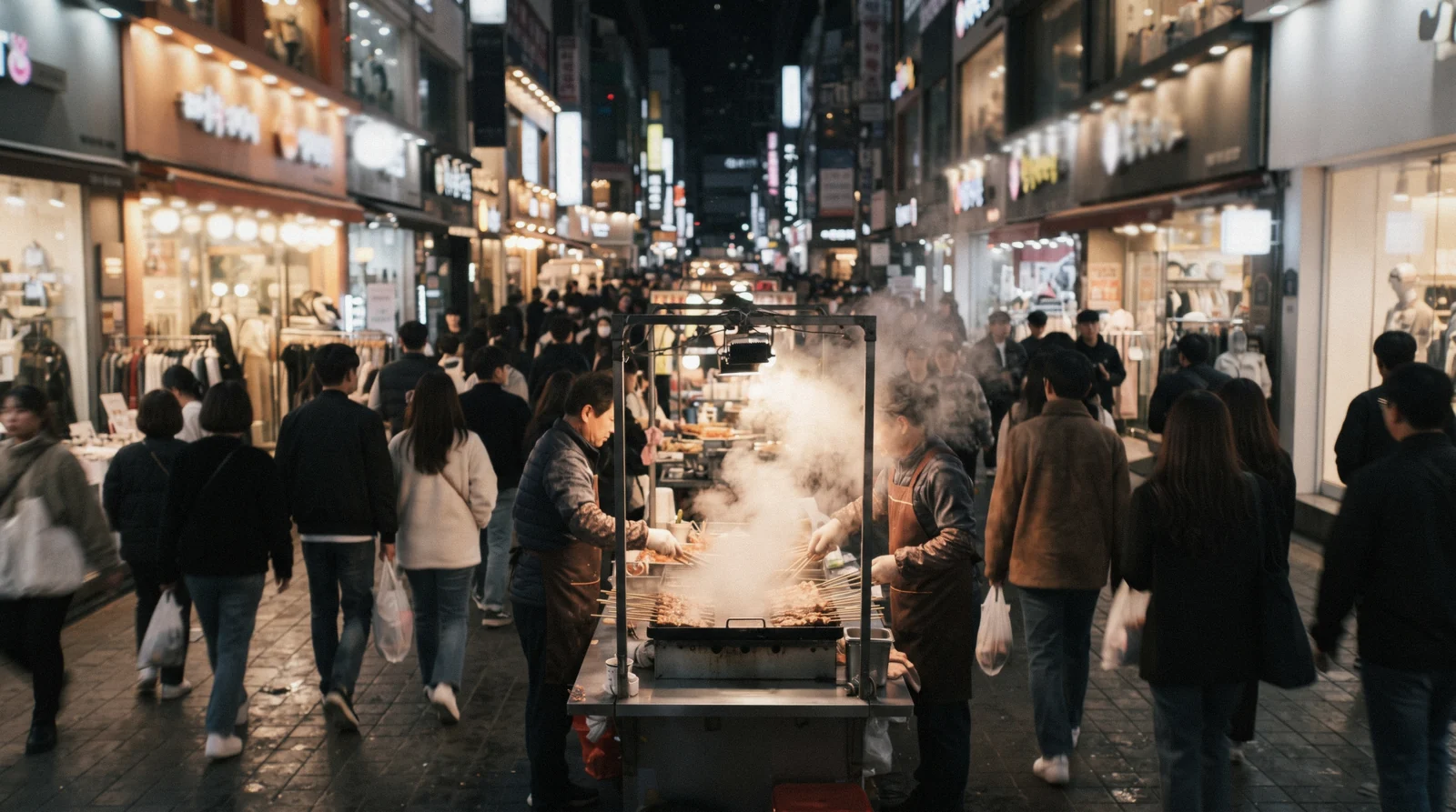 Lit street-food carts filling the main lane of Myeongdong after dark on a first evening in Seoul