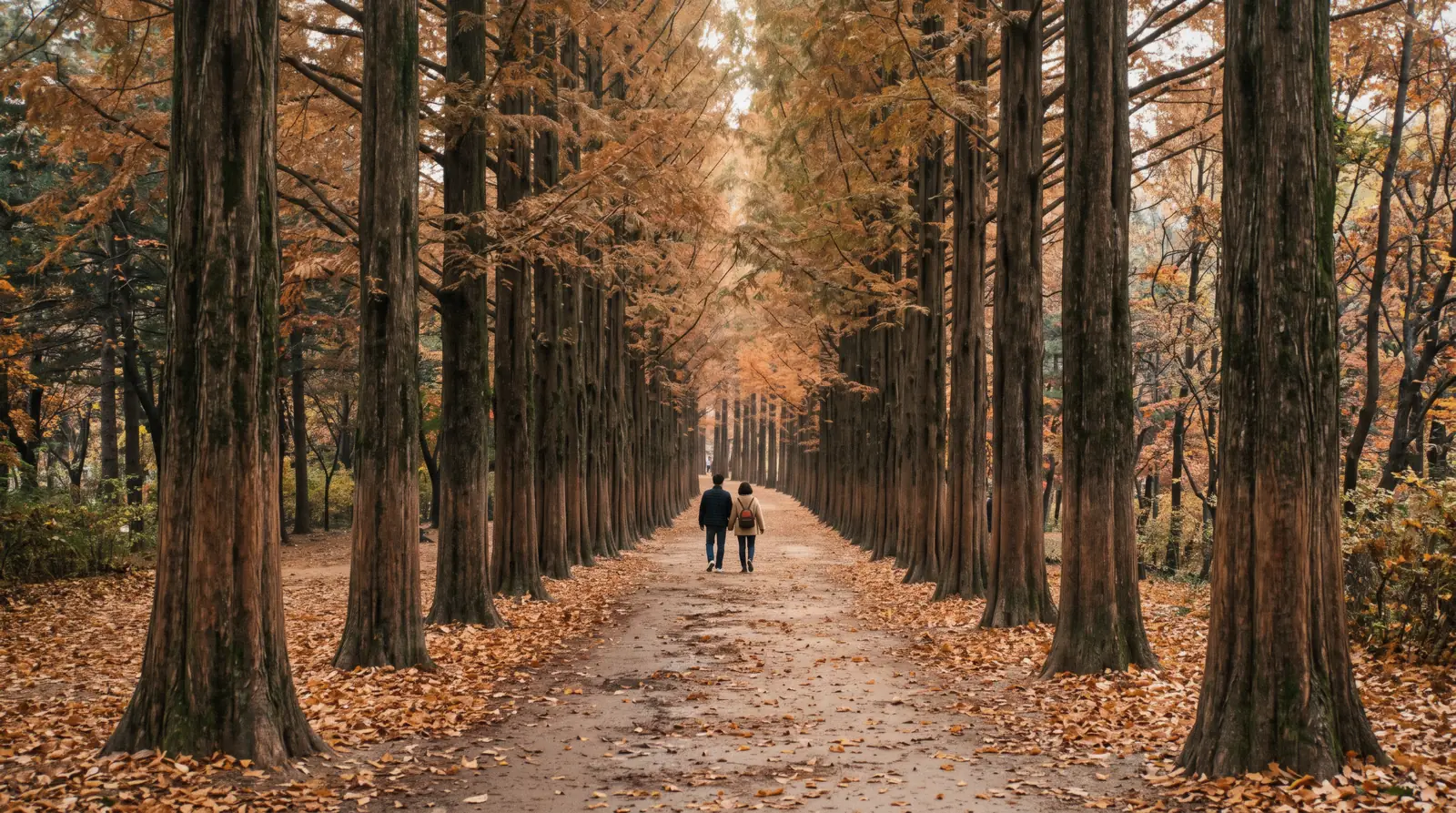 An avenue of tall metasequoia trees in autumn on Nami Island with two walkers in the distance, South Korea