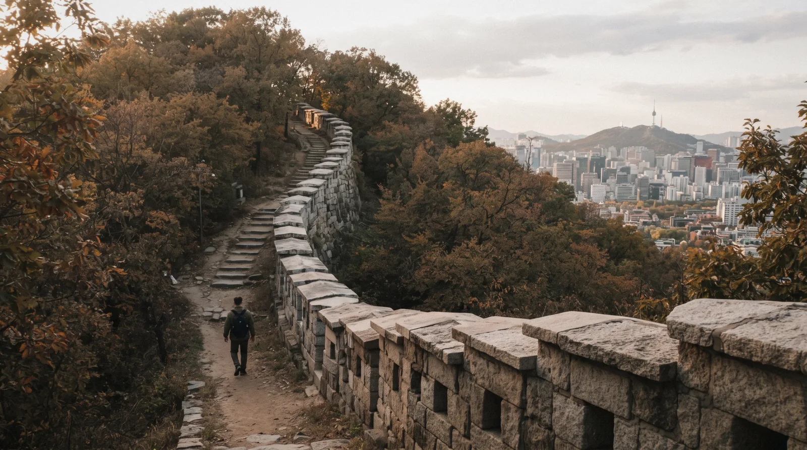 The free Seoul City Wall trail climbing a wooded ridge above the city, South Korea