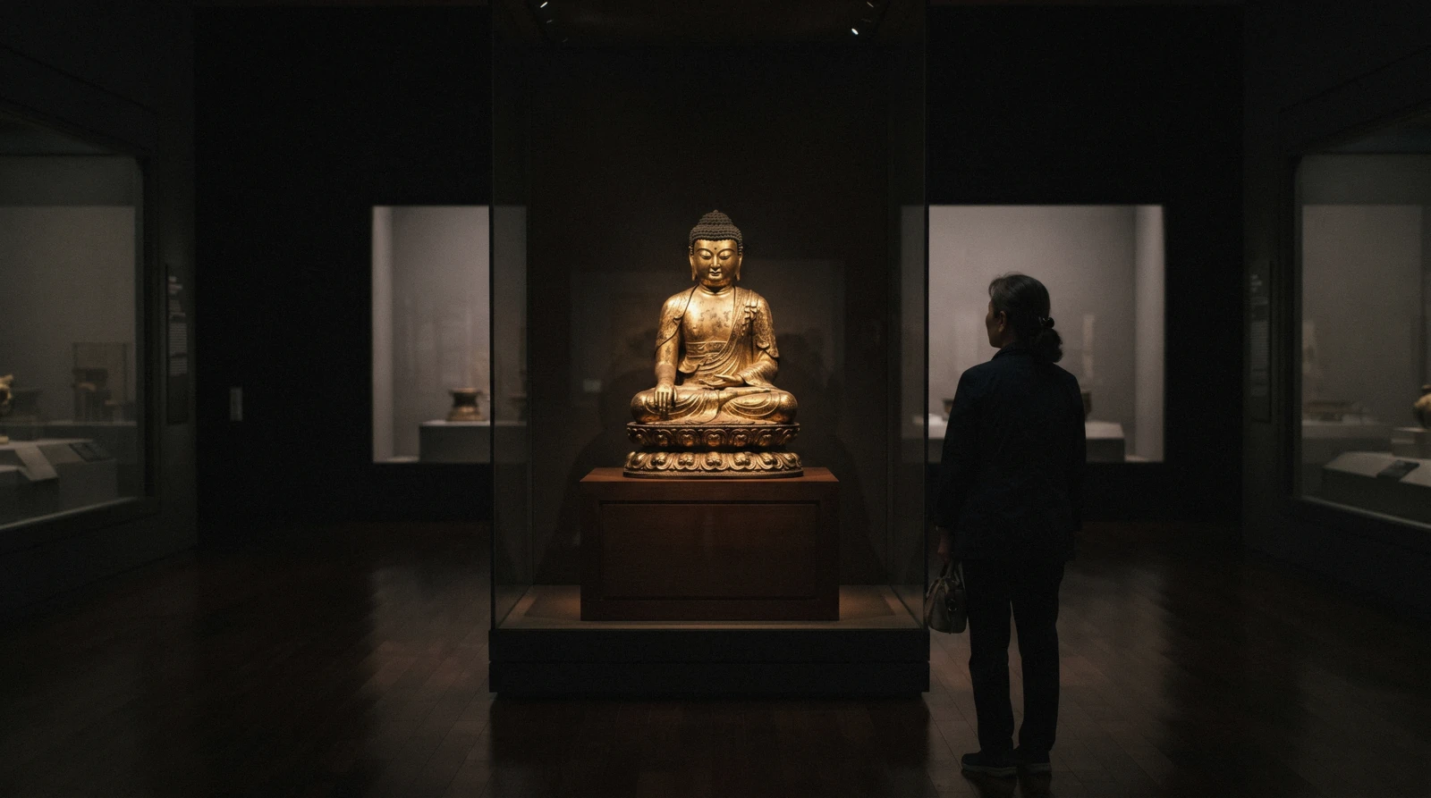 A single gilt-bronze figure lit in a darkened gallery in one of the Seoul museums, South Korea