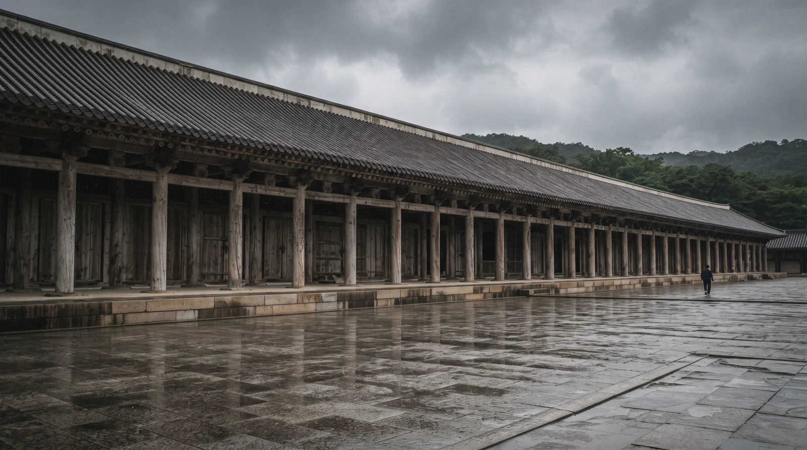 The 101-metre unpainted main hall of Jongmyo royal ancestral shrine above its stone courtyard, Seoul, South Korea