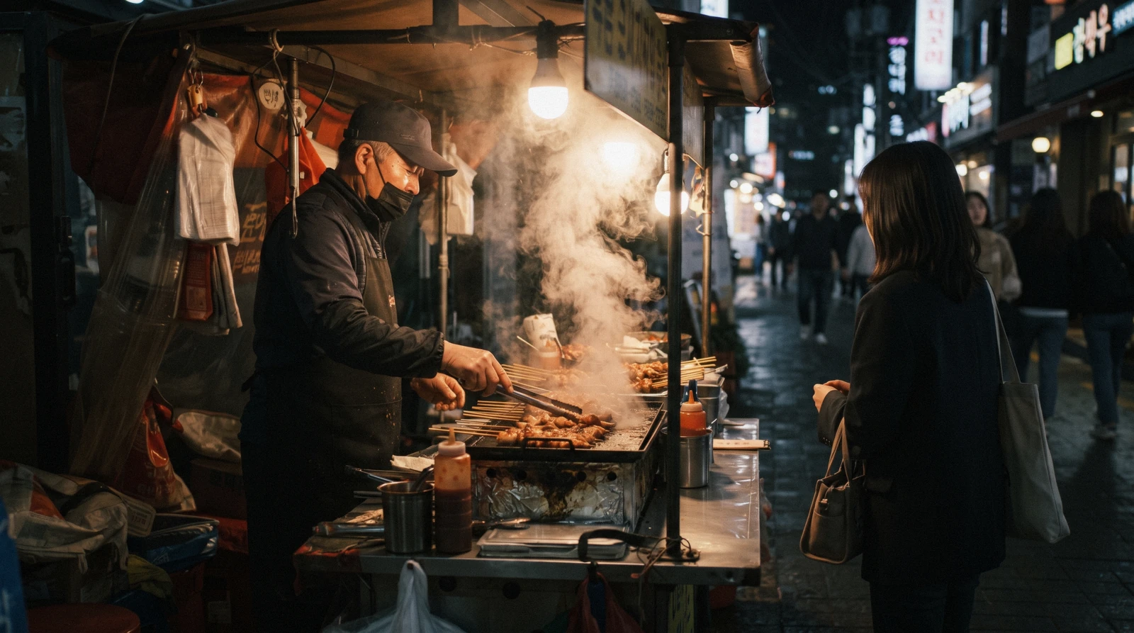 A vendor turning skewers on a griddle at a street-food cart on a Seoul food tour route, South Korea