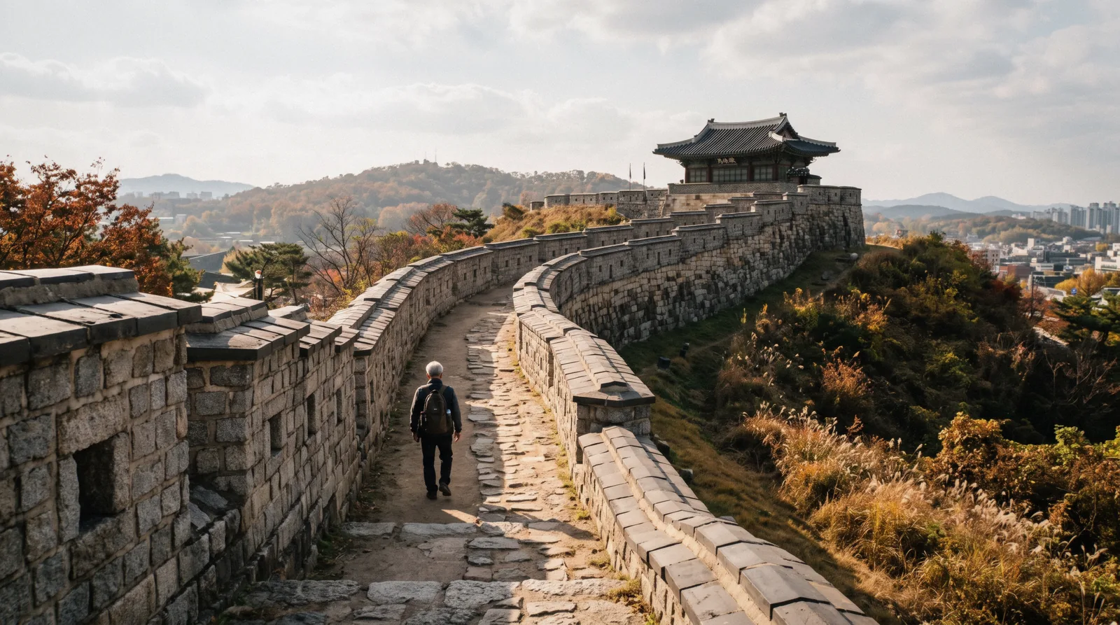 The stone rampart of Hwaseong fortress curving along a grassy slope towards a tiled gate tower, Suwon, South Korea