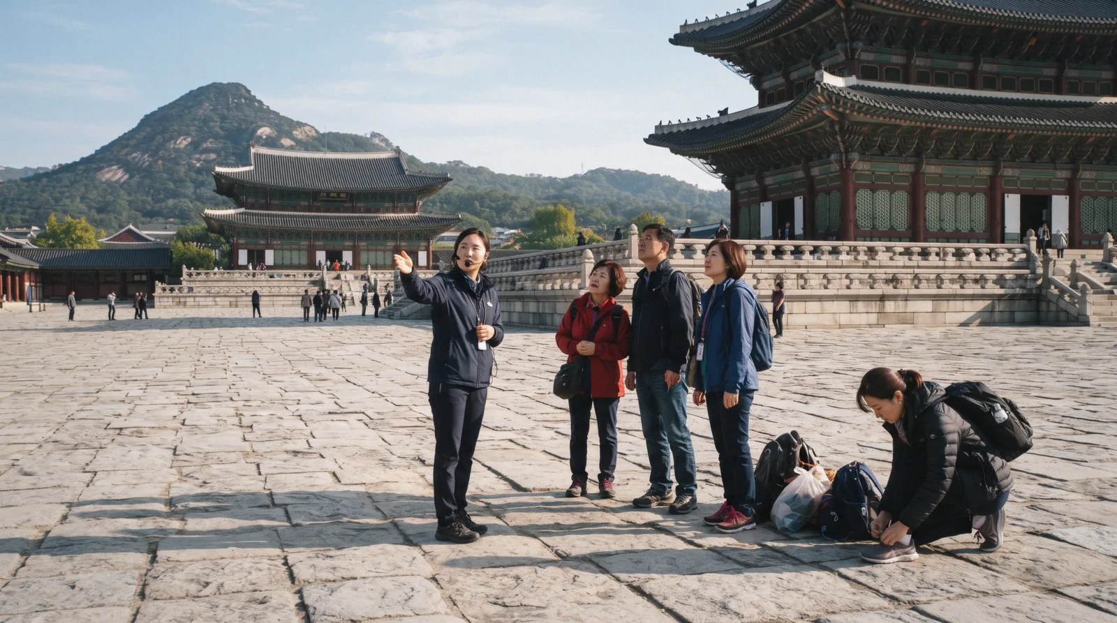 A guide pointing up toward the throne hall for a small group inside Gyeongbokgung, the palace visit at the centre of most Seoul tours