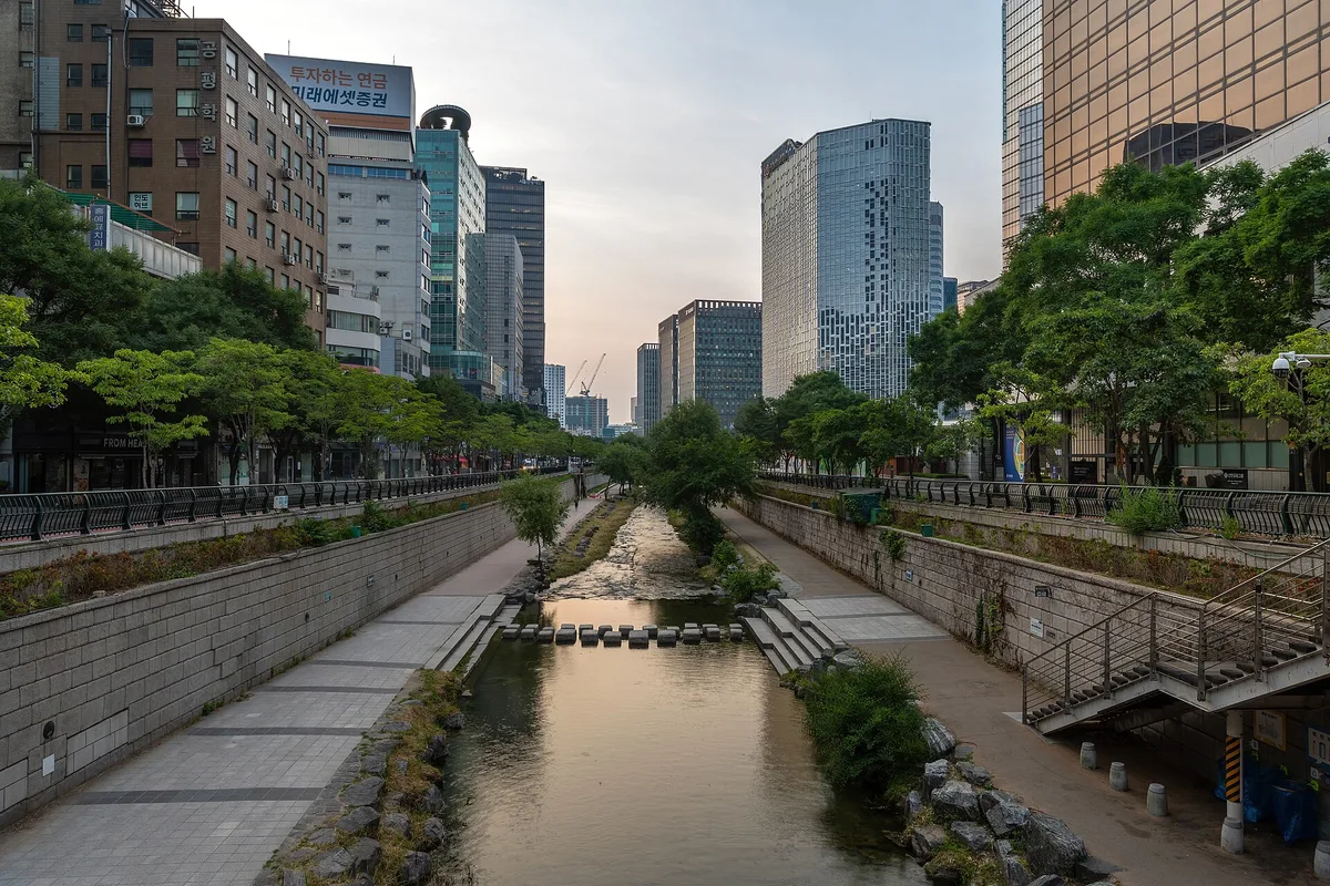The Cheonggyecheon stream lined with trees at sunrise, Seoul, South Korea