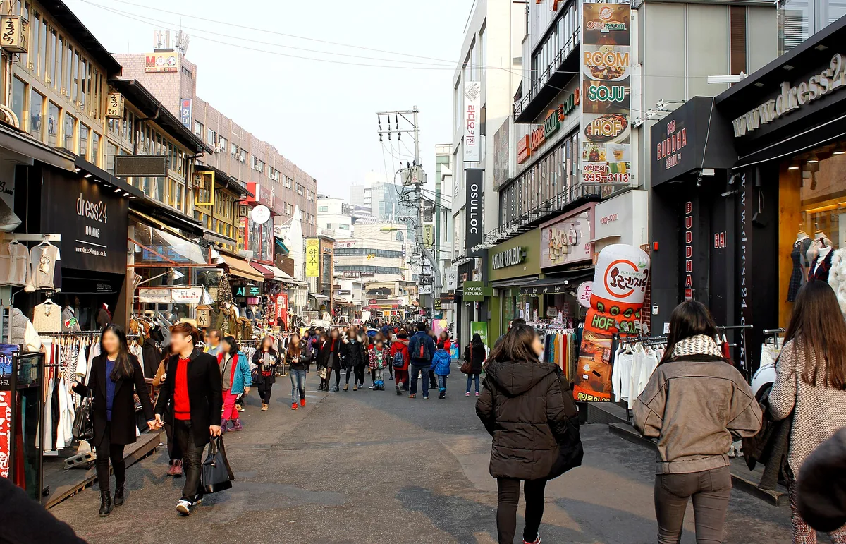 A street in the Hongdae district of Seoul, South Korea